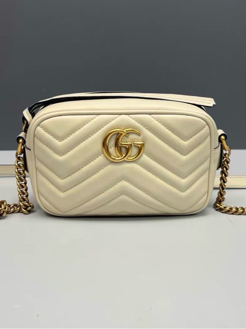 Gucci Ivory Chevron Matelassé Mini Camera Crossbody with Gold Double G